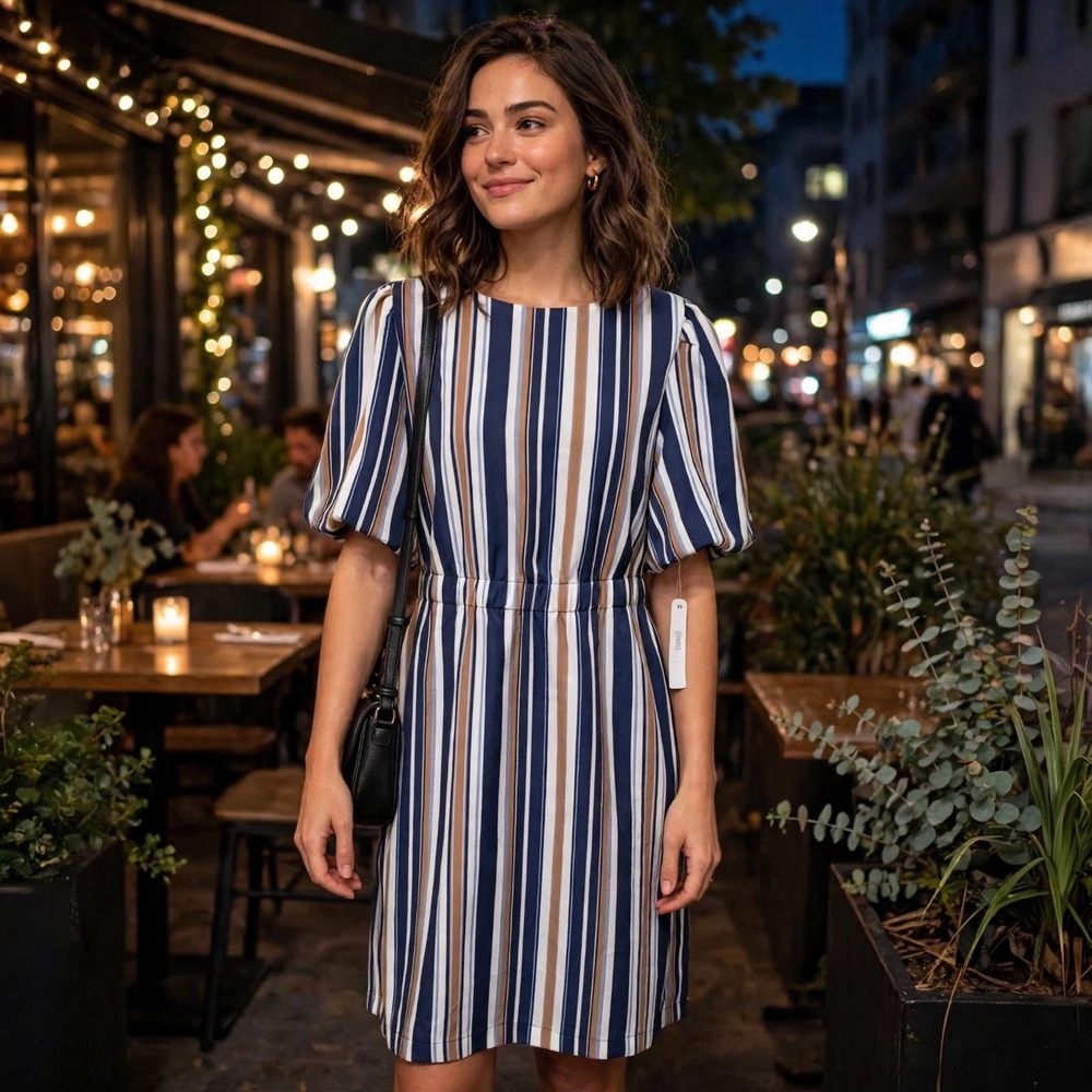 MAGGY LONDON Striped Midi Dress Elastic Waist Flutter Sleeve Navy Tan Women US10